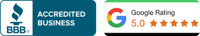BBB Accredited Business and Google 5.0 rating badges
